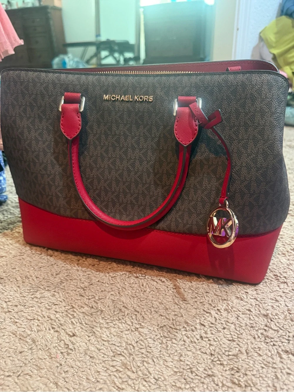 Michael Kors Brown Logo Satchel with Red Trim